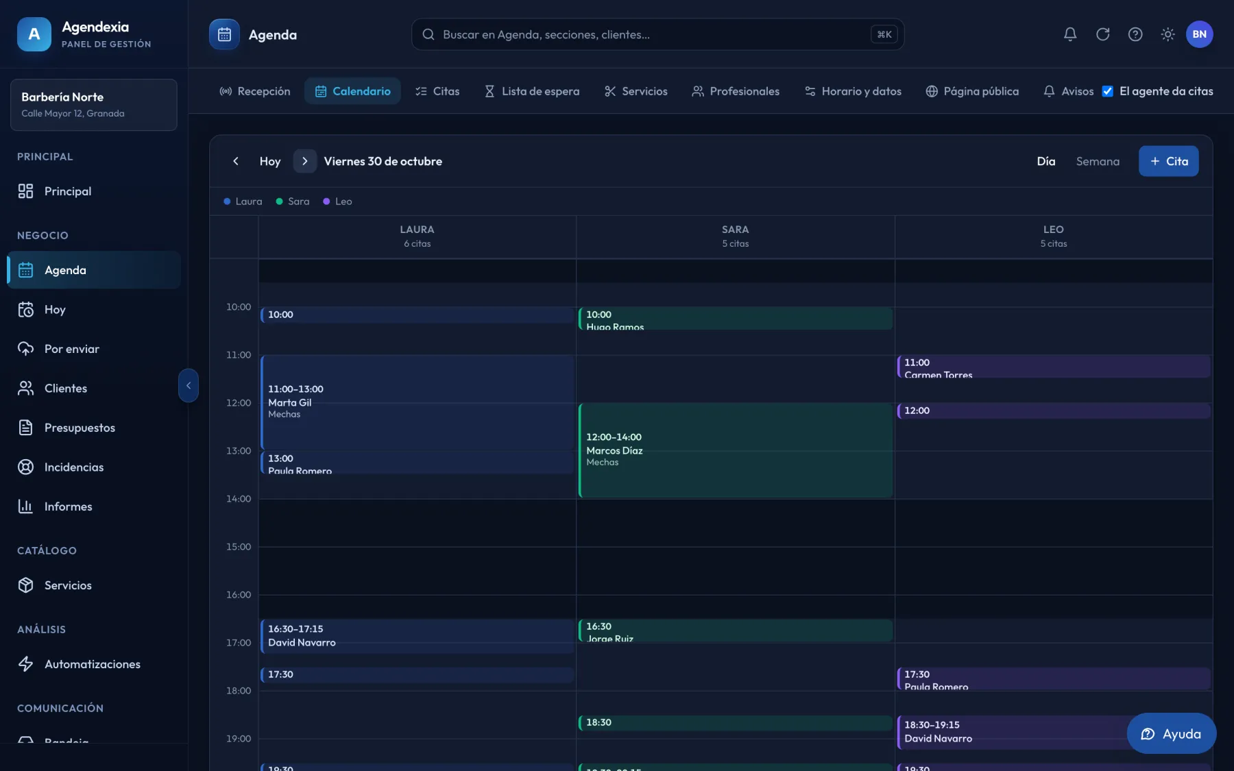Agenda del día en el panel de Agendexia, con una columna por profesional