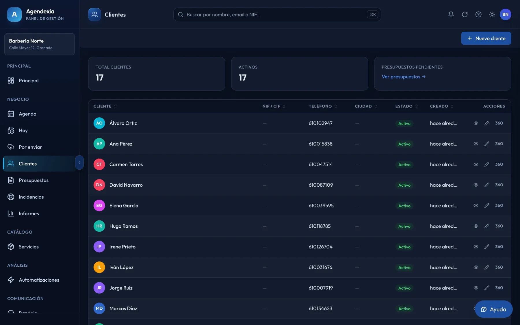 Lista de clientes en el panel de Agendexia